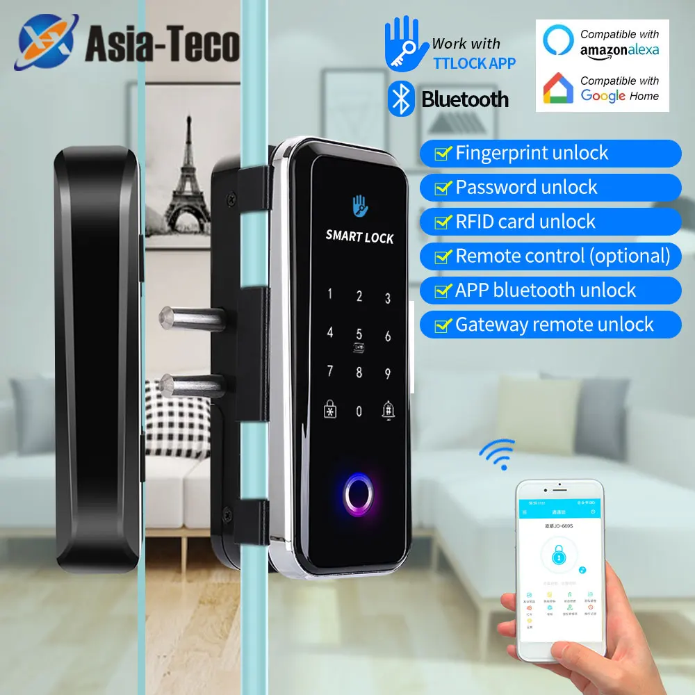 

TTLOCK Bluetooth Smart Lock Glass Door Sliding Door Remote Control RFID Biometric Electric Lock Fingerprint Recognition Device