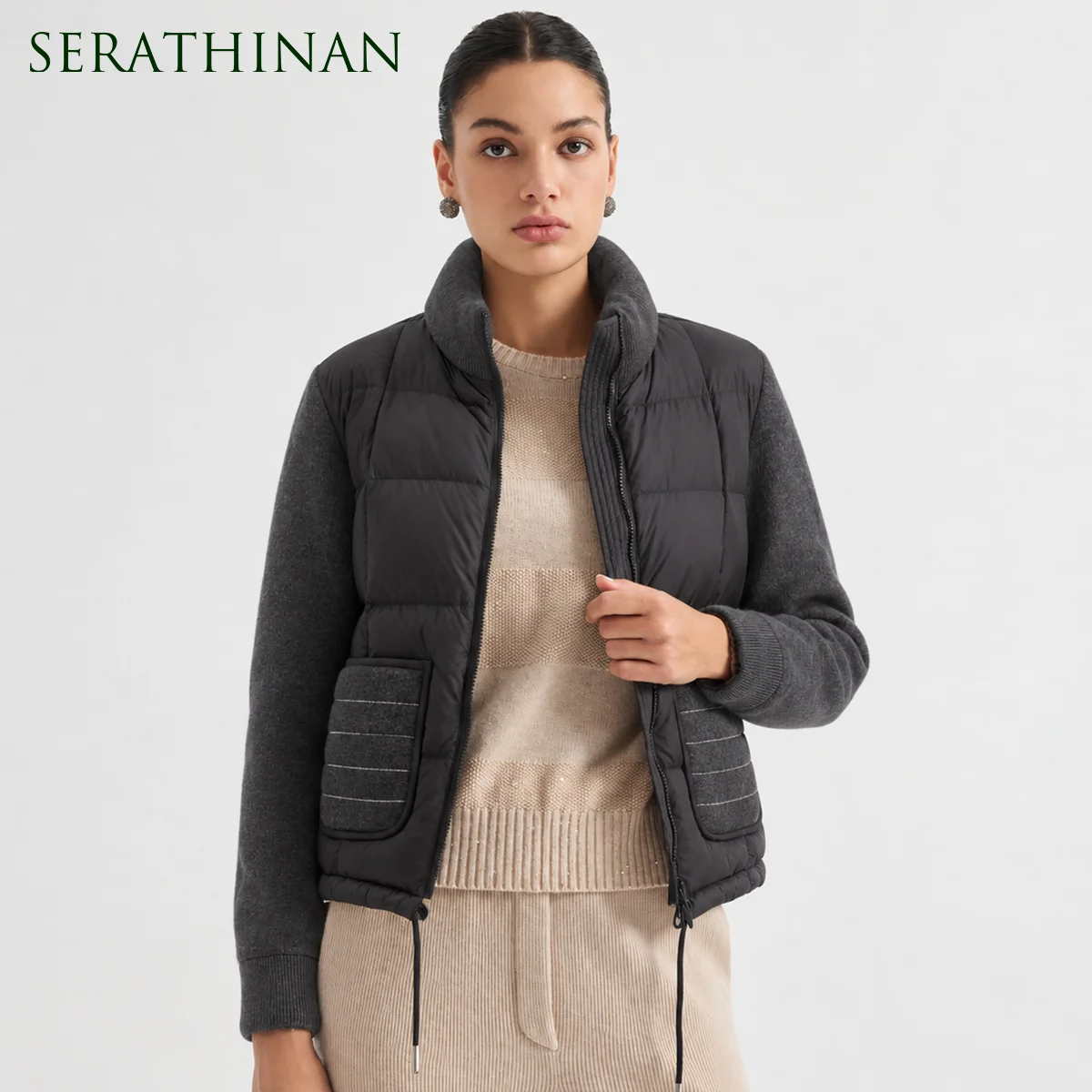 BD3621736 Women's Pure Wool Knit Hybrid Goose Down Jacket Chain Trim Pockets Stand Collar Two-Way Zip Old Money Early Autumn