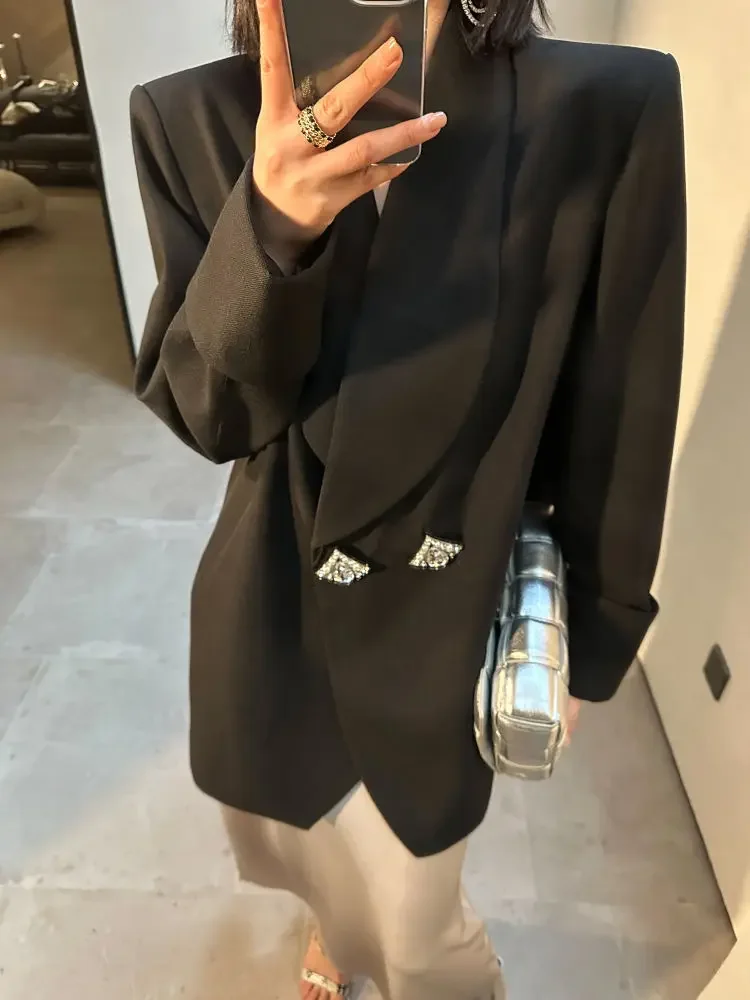 Chic High-end Blazer Women Clothing Trend Spring Autumn Jackets Mid-length Coats Design Loose Button Blazer Long Sleeve Tops New