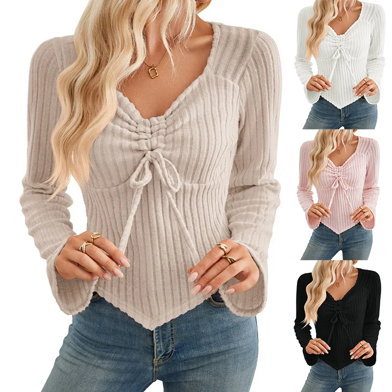 

New Autumn Women's Ruffle Sleeve Ribbed Crop Top T-shirt