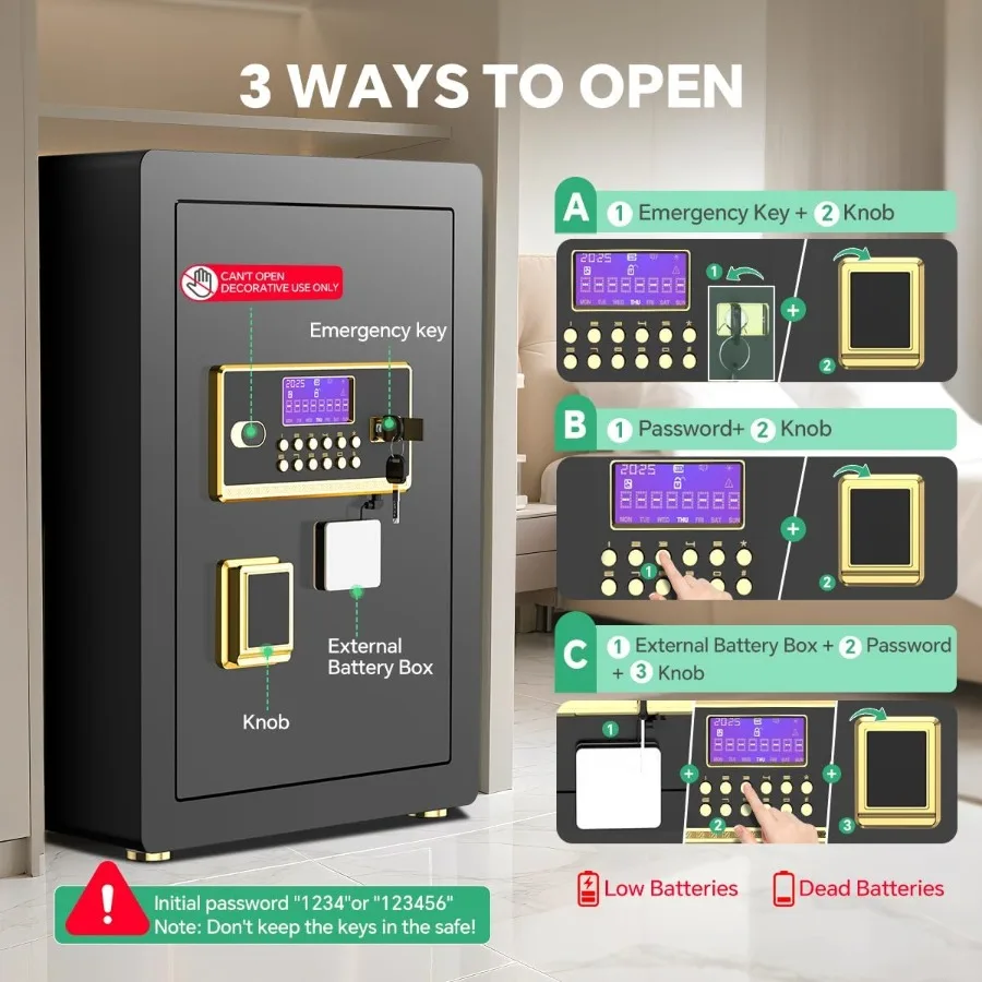 Sicherer digitaler Tastatur-Safe mit integriertem Alarmsystem für die Schmuck- und Bargeldaufbewahrung mit verstellbaren Regalen, integriertem L