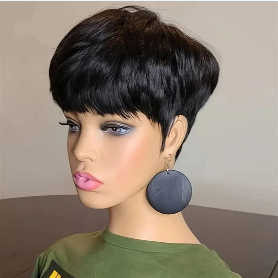 Natural Short Bob Pixie Cut Wig Short Straight Black Color Bob Pixie Cut Wavy Synthetic Hair Wig With Bangs For Black Women Remy