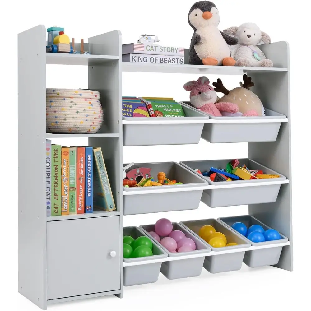 

Gray Children's Storage Organizer with 8 Boxes, 2 Shelves, and Cabinet for Playroom and Daycare