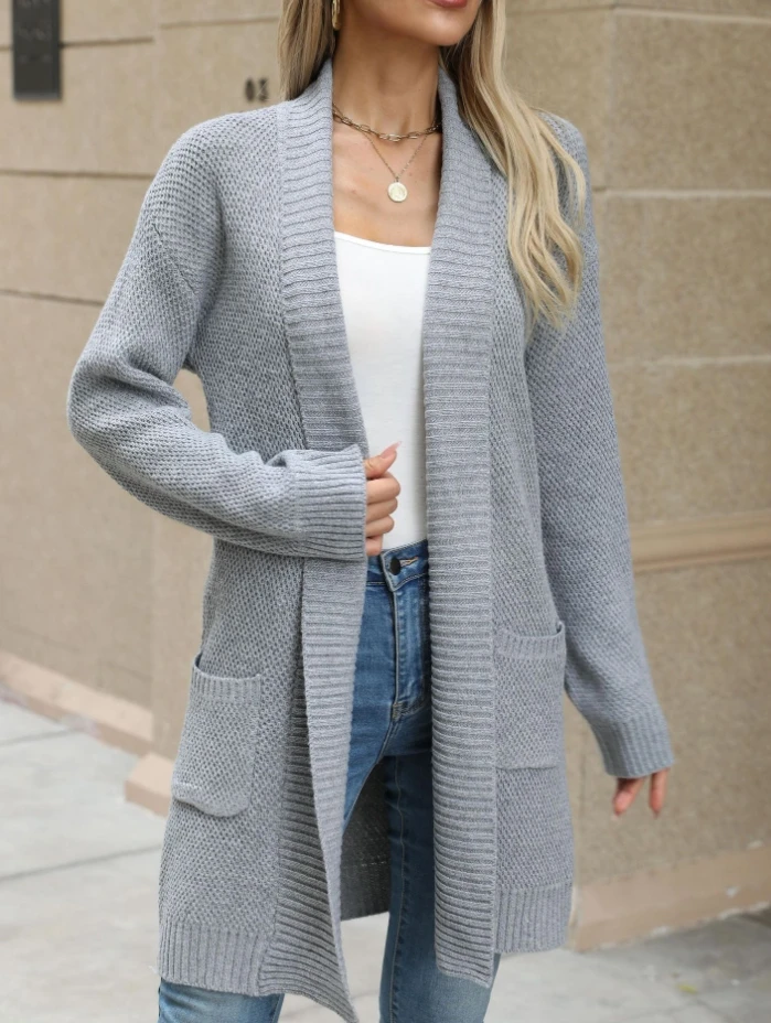 

Robe Women Cardigan Kintted Long Jacket Solid Color Simple Knit Pocket Great Stitching Autumn Sweater Cardigan for Daily Wear