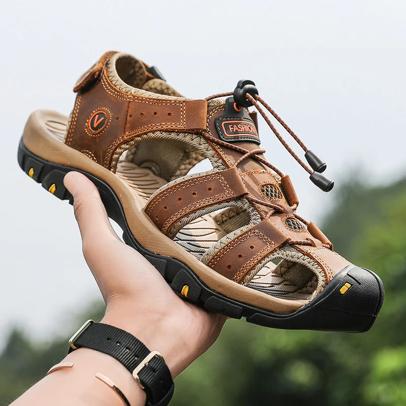 Sandalias de cuero genuino para hombre, zapatos de verano para hombre, zapatos de agua al aire libre, sandalias de cuero