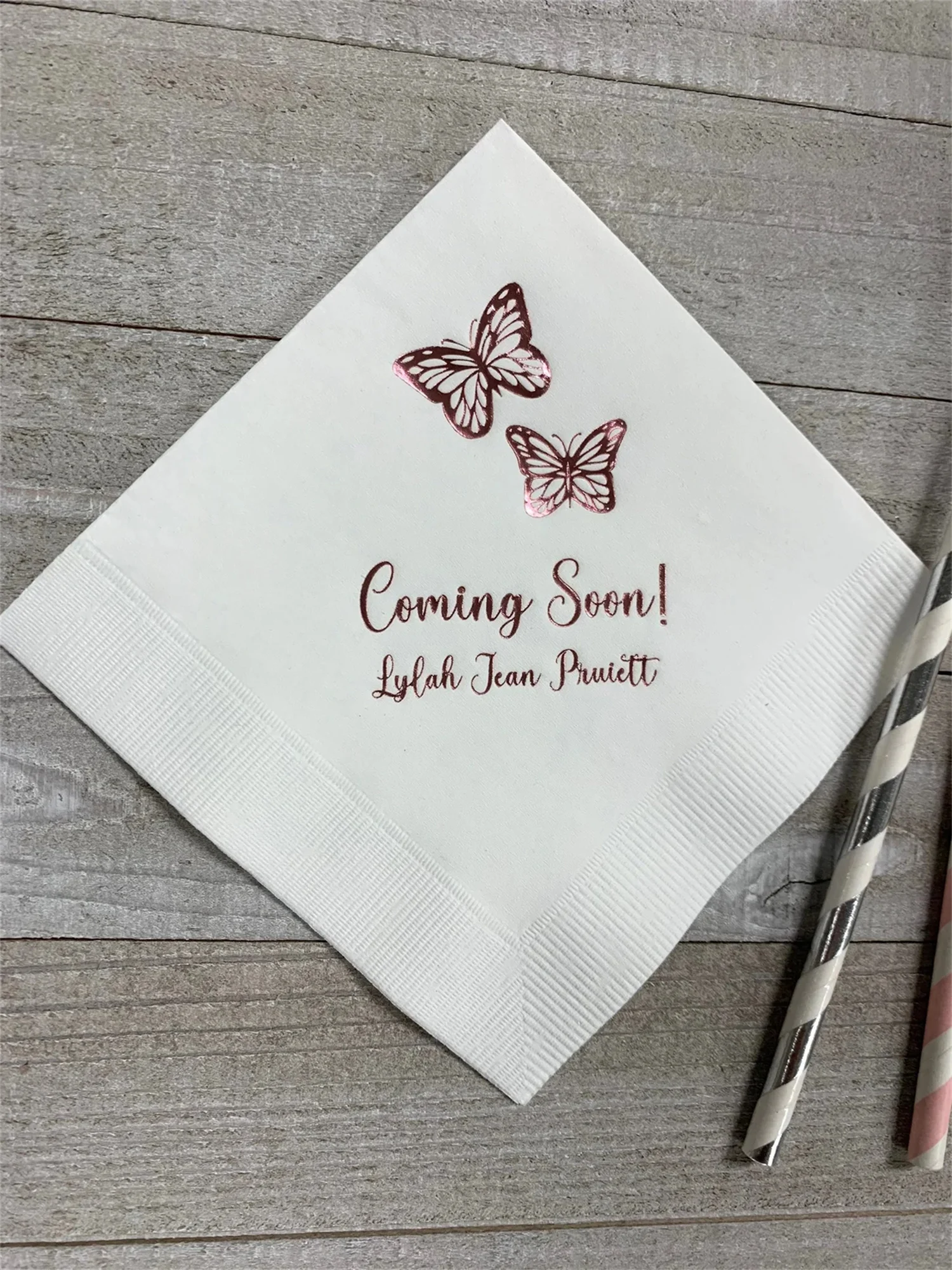 50 PCS Personalized Napkins Beverage Luncheon Dinner Guest Towel Sizes Avail Baby Shower Birthday Butterfly Butterflies LOTS of