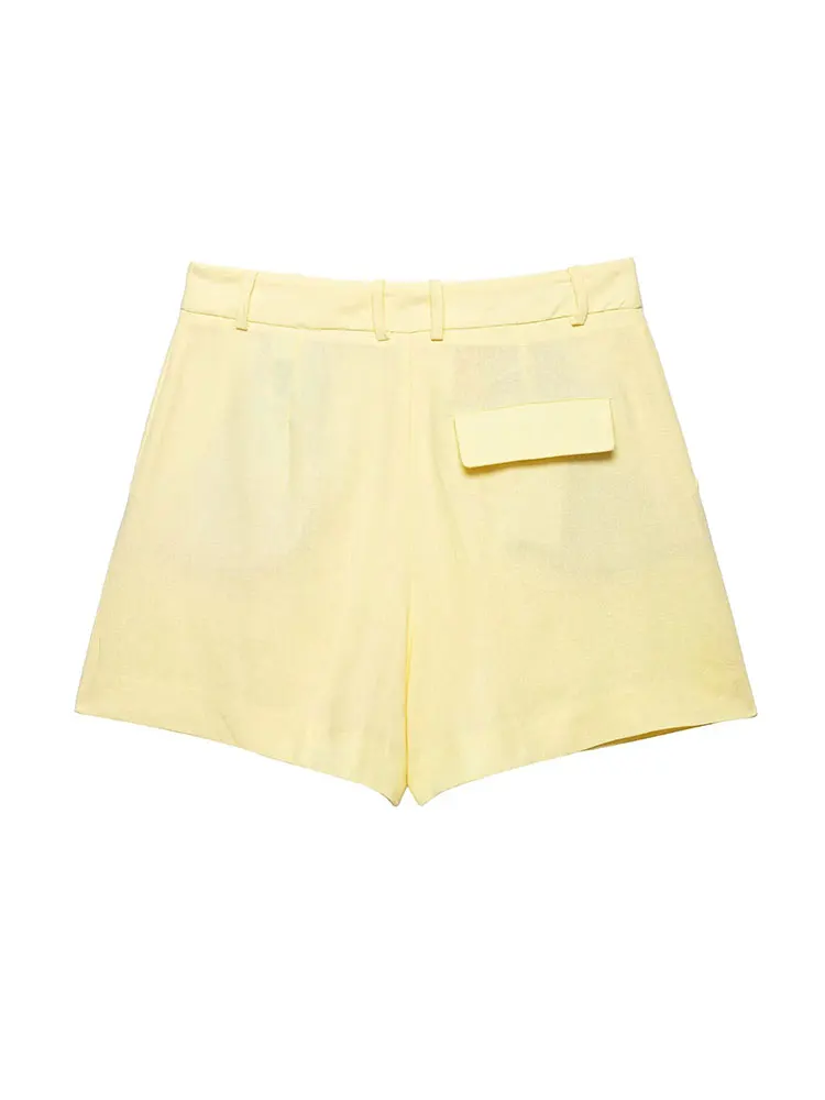 NLZGMSJ 2025 Setelan Wanita Kuning Chic Kasual Set Fashion Celana Pendek Lurus Ritsleting Atasan Tanpa Lengan Kancing Leher-o Solid