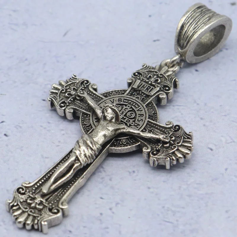 

Купите 4, получите 1 бесплатно, 67x35 мм, 11,8 г, длинное распятие, крест Иисуса, католическая медаль, подарок Святого Бенедикта, серебряный кулон