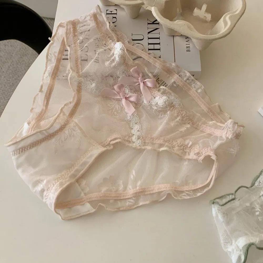 

Sweet Low Waist Lace Panties Transparent Cotton Crotch Mesh Flower Briefs Lingerie Bow Lace Thin Underwear Girl