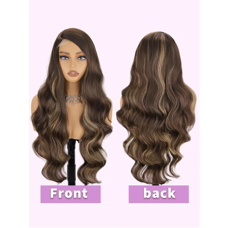 شعر مستعار بني طويل مموج مع تسليط الضوء على أشقر بني مختلط وتصميم الجزء الجانبي للنساء شعر مستعار اصطناعي طبيعي مثالي لـ D #2