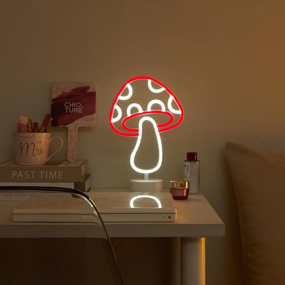 Mushroom LED Neon Table Lamp Battery Operated Unique Design Compact Room Décor Gift Parties Home Bedroom Living Room