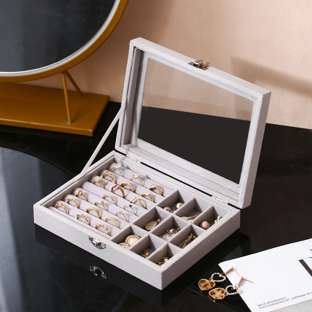 1pc Multi Functional Velvet Jewelry Ring Box Desktop Earrings Display Box Jewelry Storage Organizer Dressing Table Store