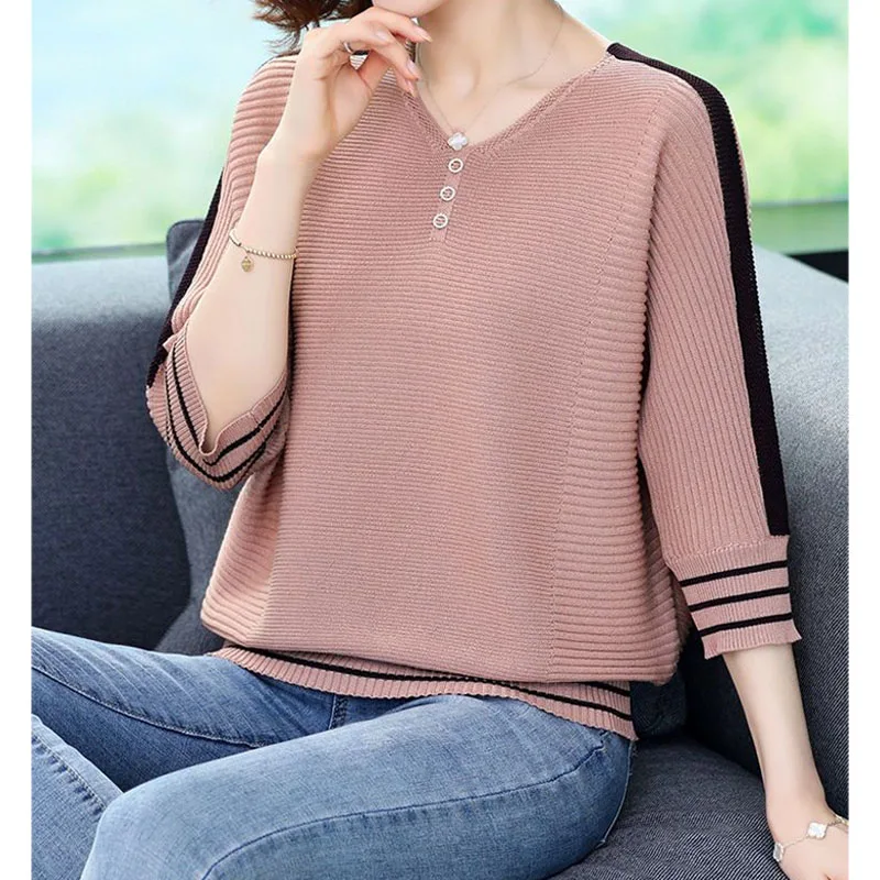 Fashion Loose 3/4 Sleeve Contrast Color Knitted Tops Women's Clothing Korean Button Spliced V-Neck Pullovers Sweaters for Female