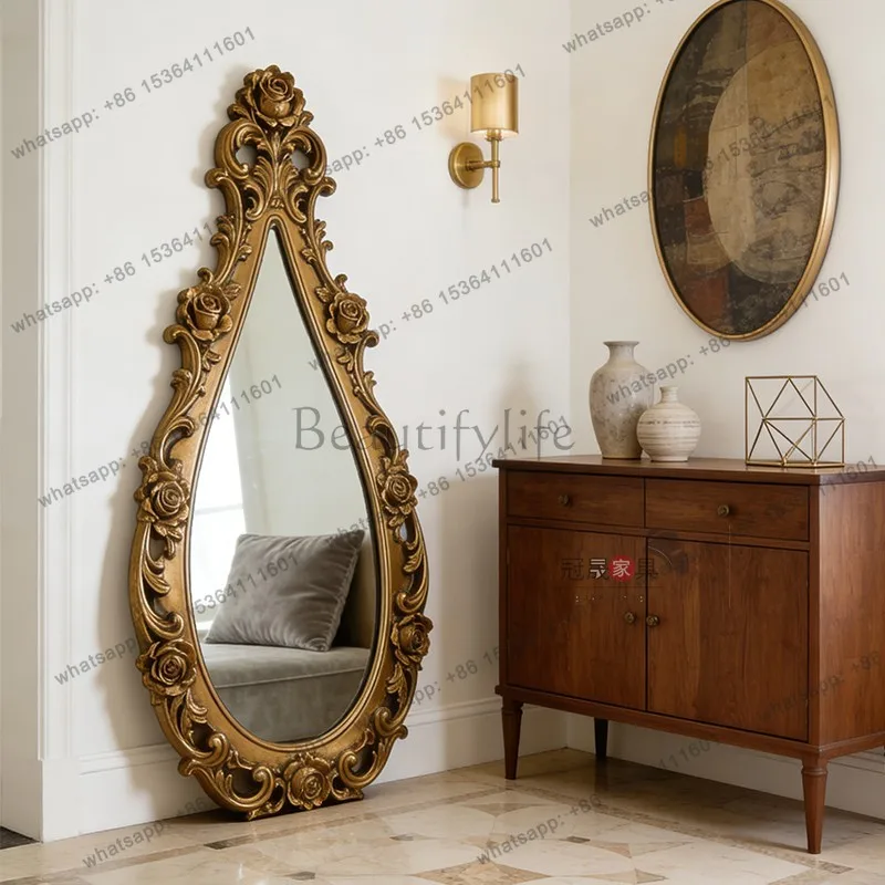 LS European retro entrance carving creative decorative mirror living room French special-shaped floor mirror