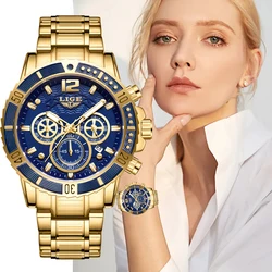 LIGE-Montre-bracelet étanche en acier inoxydable pour femme, montre-bracelet à quartz pour femme, marque supérieure, mode de luxe