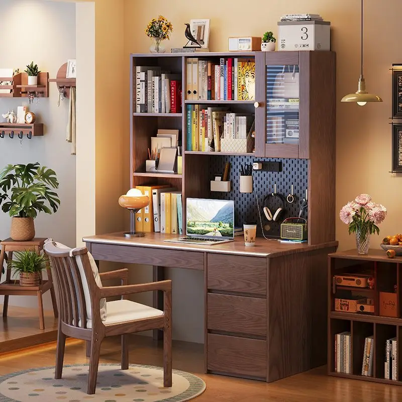 DSA new Chinese-style solid wood desk bookshelf integrated table with hole board small apartment home student learning computer