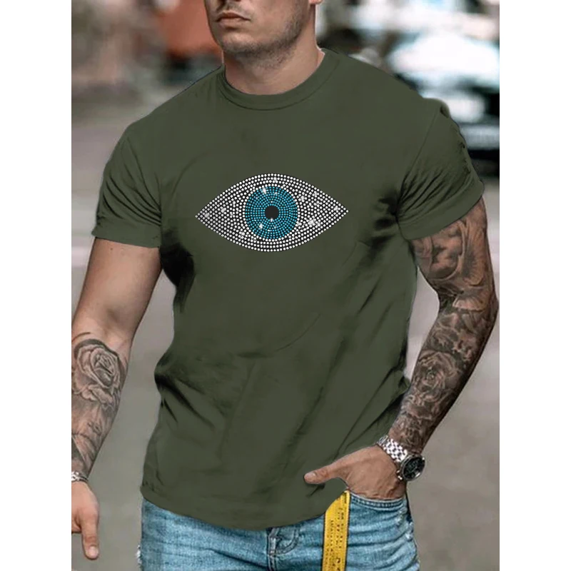 High Quality Fashion Men's Clothing Oversized Tee y2k Eye Rhinestone Designer Short Sleeve Tops Hip Hop Casual Street T-Shirt