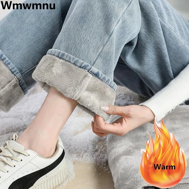 

Winter Thicken Plush Velvet Lined Wide Leg Jeans Warm Baggy High Waist Straight Vaqueros Snow Wear Women Ankle-length Denim Pant