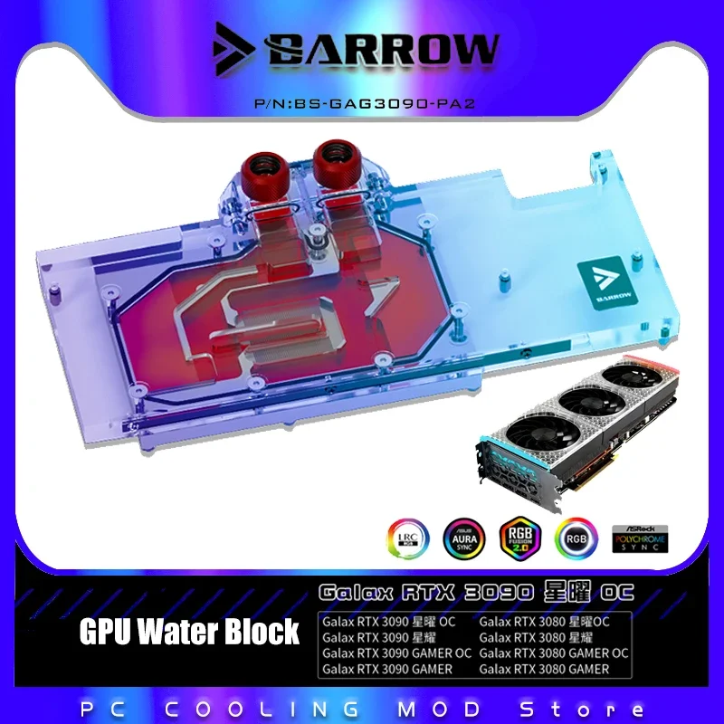 Barrow GPU bloque de agua para GALAX RTX 3090 3080 GAMER OC, enfriador VGA completamente cubierto + placa posterior, sincronización ARGB de 5V, BS-GAG3090-PA2