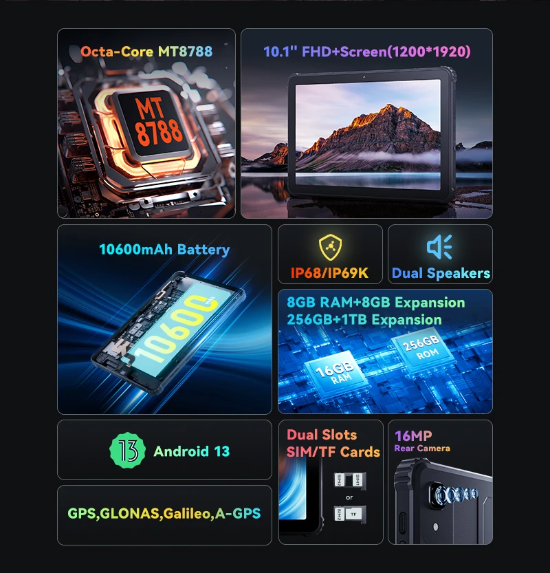 Cubot TAB KINGKONG, Rugged Tablet Android 13, IP68 Waterproof, 16GB RAM(8GB+8GB Extended), 256GB ROM, 10600mAh, 10.1 Inch Screen