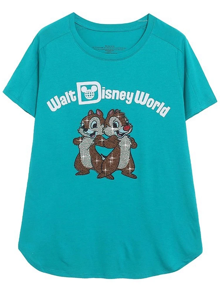 ديزني لاند والت ديزني العالم رقاقة آن ديل الكرتون طباعة الماس تي شيرت المرأة عادية قصيرة الأكمام س الرقبة البلوز المحملة القمم