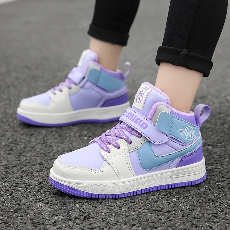 Autumn and Winter Girls Plush High Top Sneakers Versatile Sports and Leisure Shoes Parent-child Casual Sports Shoes Boy Trainers