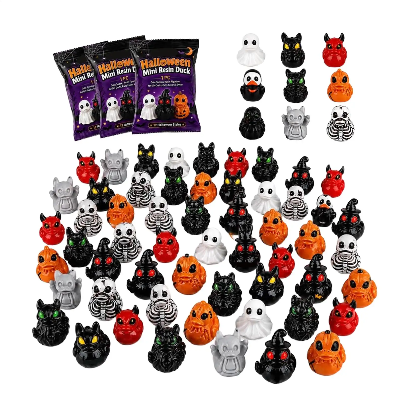 60pcs Halloween Mini Ducks Figurines Devil Ghost Skull Resin Tiny Spooky Statues Bulk Set for Party Festive Favor Decor Gift
