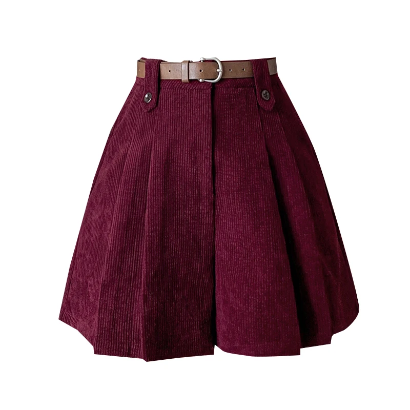 Mode Streetwear velours côtelé jupes Shorts femme ample jambe large plissé hiver Shorts avec ceinture Culottes a-ligne pantalons courts femmes