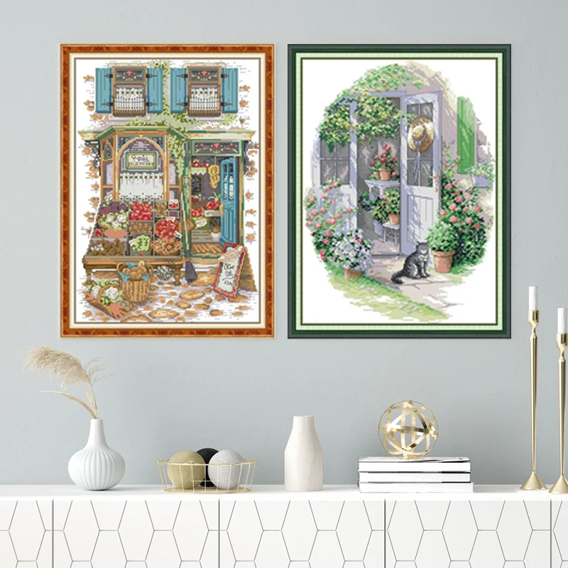 Joy Sunday Clothing Flower Store Patterns Counted Cross Stitch Kits DIY 16/14CT Stamped Embroidery Needlework Sets Home Decor