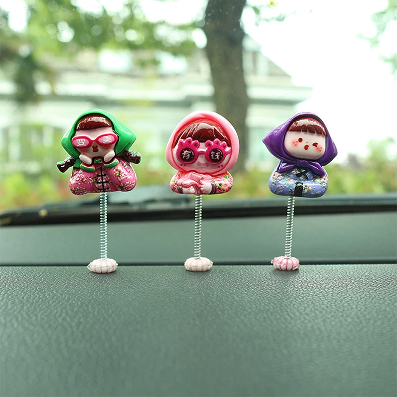 6Pcs Cute Mini Shaking Head Village Girl Car Dashboard Ornament Car Fun Decor Interior Fairy Garden Home Car Gifts