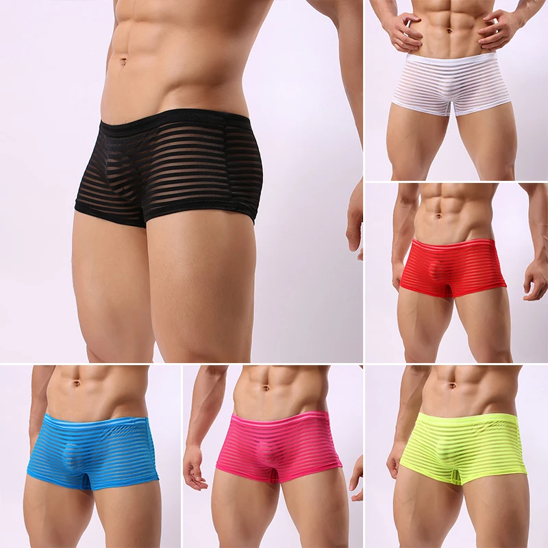 Sexy Mesh Boxer de cintura baixa e transparente cuecas masculinas, cuecas ocas, shorts listras, calcinha da moda