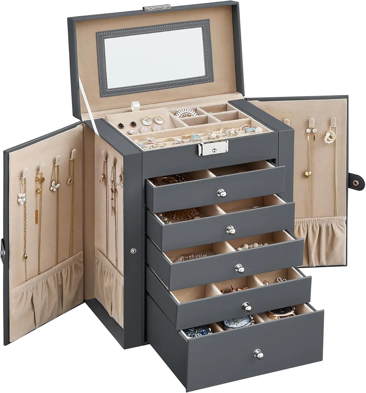 6-Layer Jewelry Box Organizer with 5 Drawers, Jewelry Storage Case with Lock and Mirror, Large Storage Capacity, Gift for Loved Ones, for Necklaces, Watches, Gray UJBC152G01