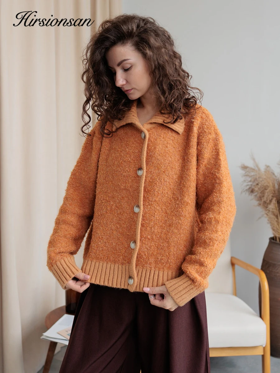 Hirsionsan Elegancki Sweter Damski z Długim Rękawem 2025 Nowy Jednorzędowy Damski Kardigan Casual Miękki Kaszmirowy Dzianinowy Płaszcz Brązowy