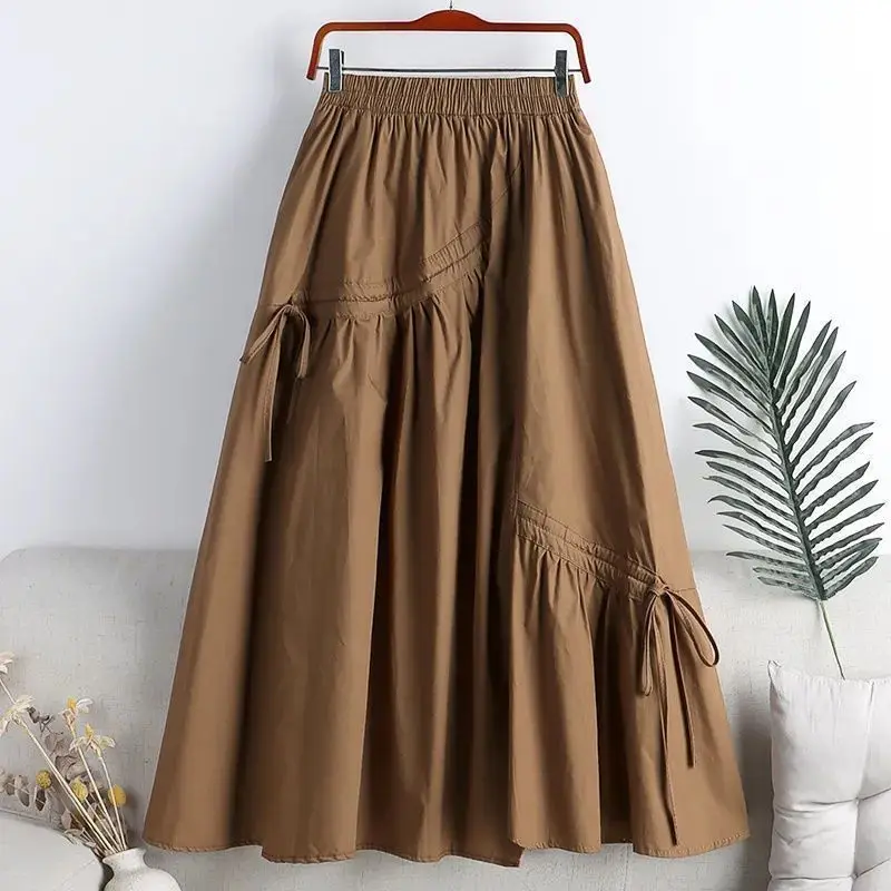 

2023 Spring New High Waist Thin Medium Long Irregular Drawstring Bow Large Swing Skirt Women's Umbrella Skirt Solid summer skirt