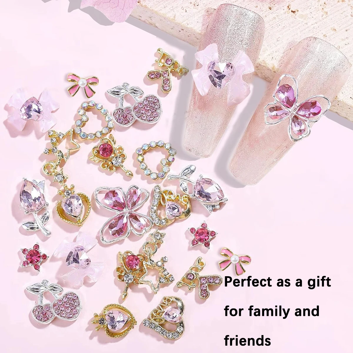 Peças da arte do prego 24 conjuntos 3d arte do prego rosa decoração peças de metal jóias diy artesanal casos do telefone móvel, roupas sapatos sacos