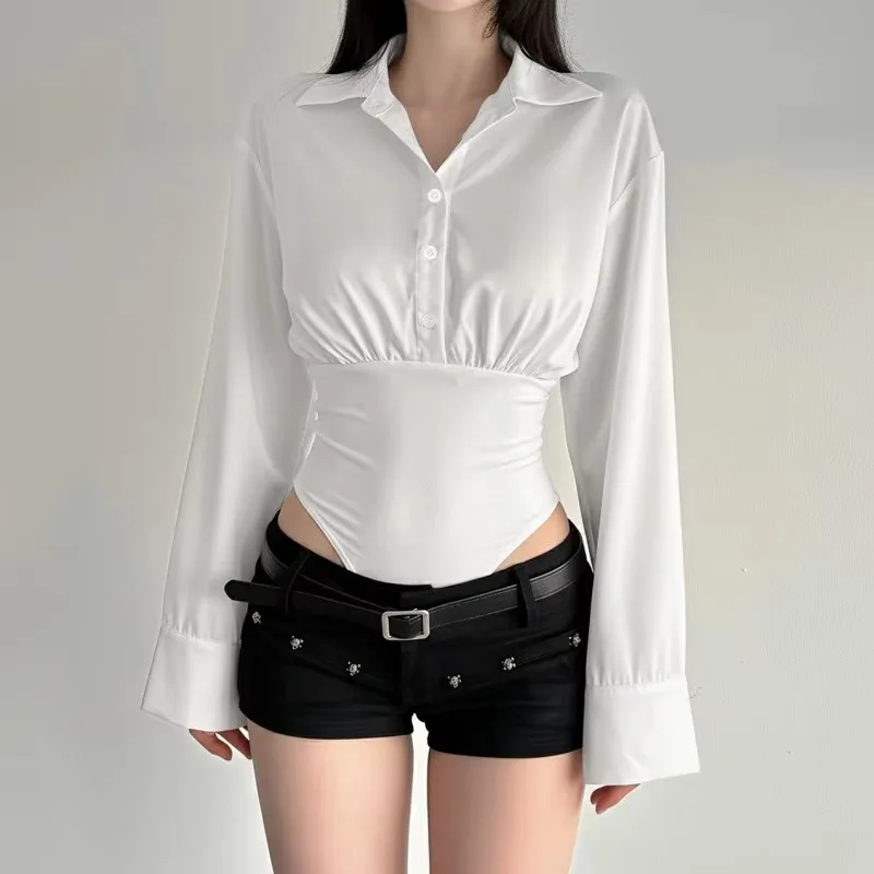 Design A Shirt Collar Loose Long Sleeved High Waisted Jumpsuit Tight Fitting Waist Cinching Slimming Spicy Girl's  Top T-shirt