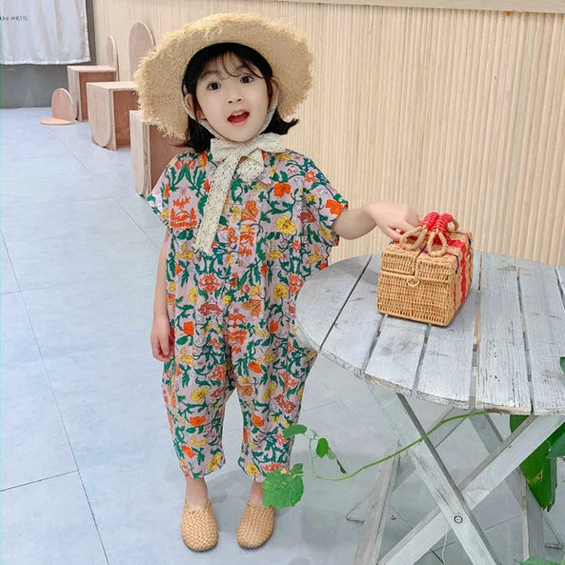 Girls Jumpsuit Clothing 2024 Summer Floral Girls Overalls Jumpsuit Casual Japanes & Korean Girls Palysuit Baby Kids Clothes