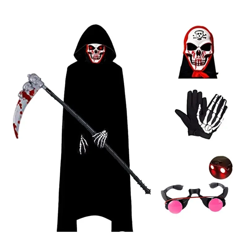 Kids Ghostly Terror Dark Ghost Red Eye Death Costume - Creepy Black Robe with Red Eyes