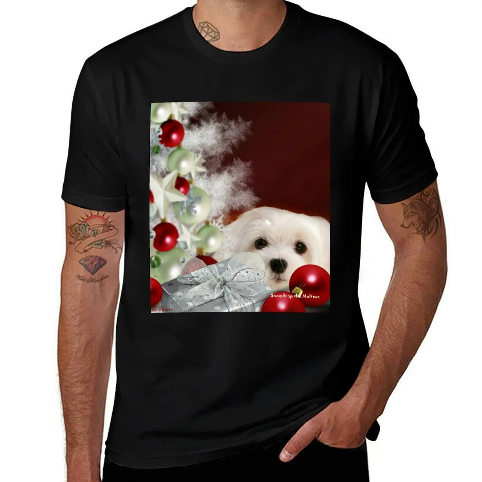 Snowdrop the Maltese at Christmas T-Shirt Lightweight Basic Short Sleeve Shirt T-Shirt