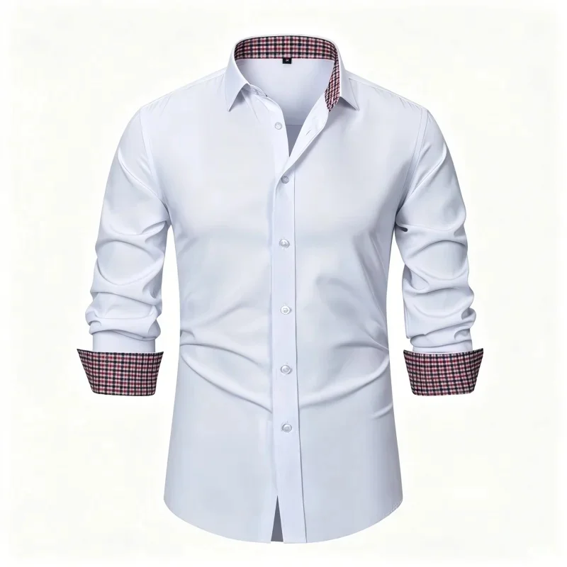 Men's White Long-Sleeved Lapel Shirt with Red Herringbone Pattern Contrasting Splicing Shirt, Slim Fit Business Casual Top