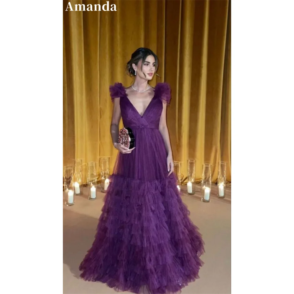

Amanda Exquisite Purple A-line Lace Party Dress Multilayer Evening Dresses Elegant Sleeveless Floor-Length vestidos de fiesta