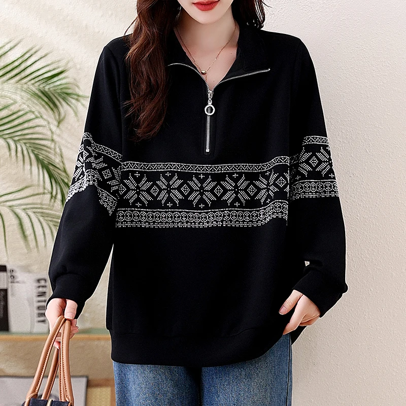 

Beaded Oversize Sweatshirt Women Autumn Winter Long Sleeve Loose Casual Couple Black Pullovers Harajuku Zip Up Turtleneck Tops