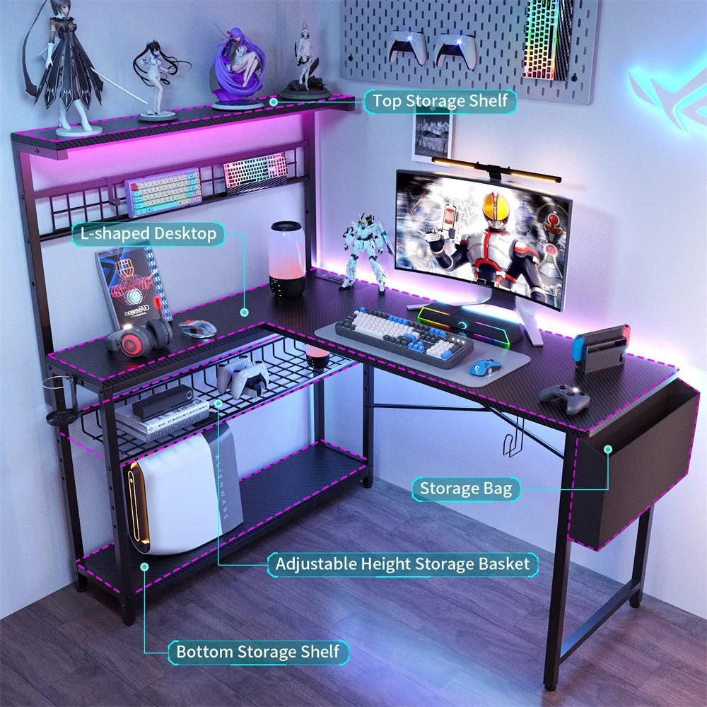 Computer desksL Shaped Gaming Desk 52 Inch Corner Computer Desk with LED Lights Power Outlets RGB Illumination Modern Design
