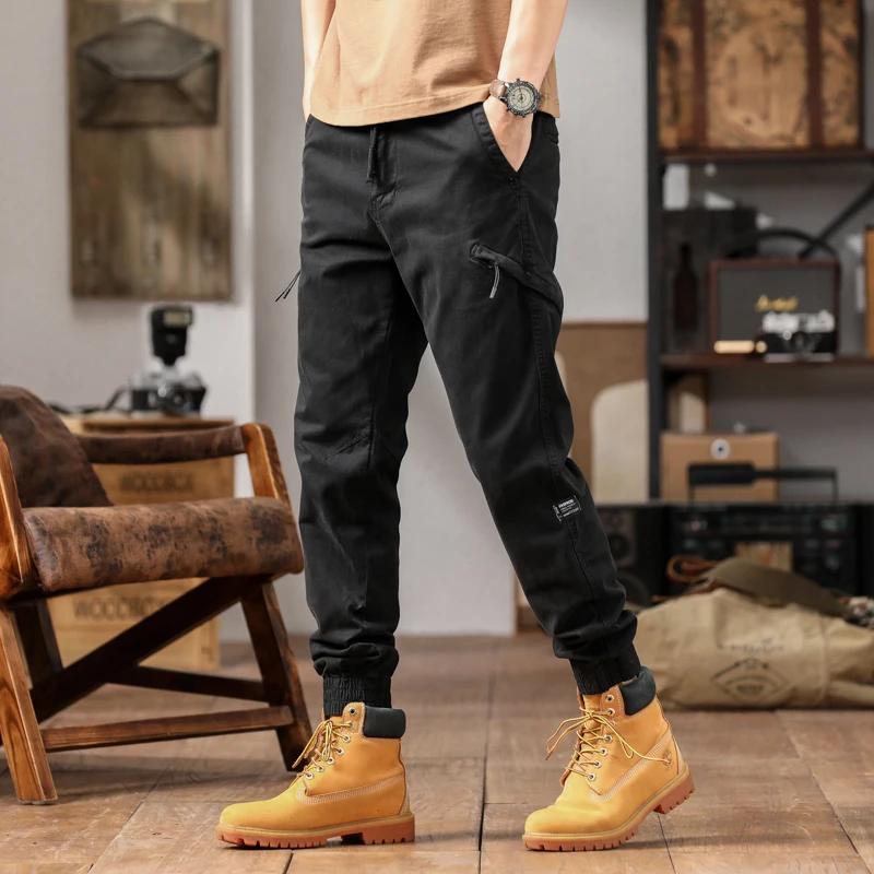 Safari Style Pockets Spliced Trousers Men\'s Clothing Loose Chic Drawstring Elastic Spring Summer Solid Color Casual Cargo Pants