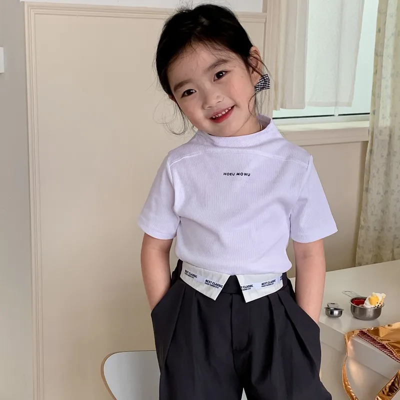 Children Clothing 2024 New Fashionable Casual Korean Style Spring Girls Short Sleeve High Collar Strip Short Sleeve Top