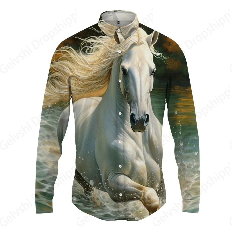 Long Sleeve Hawaiian Shirts Horse 3d Print Beach Shirt Men Fashion Lapel Blouses Button Up Single Breasted Blouse Men\'s Clothing