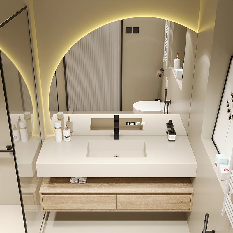 Minimalist light luxury rock slab integrated basin bathroom cabinet combination of solid wood sink wash table bathroom