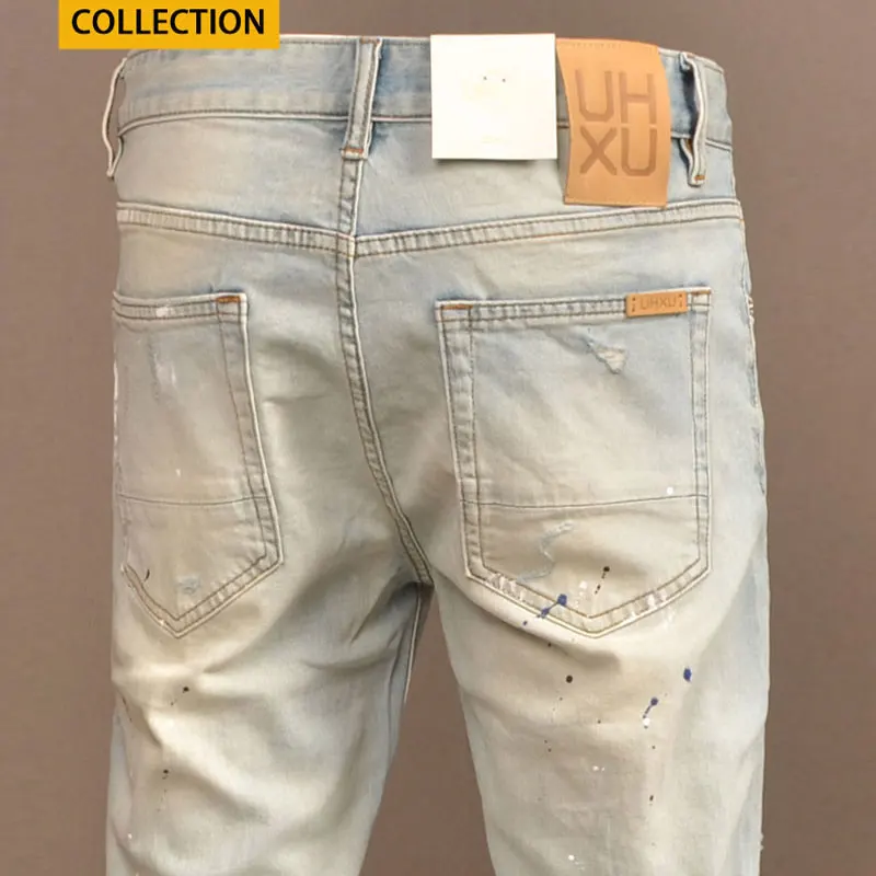 Fashion Streetwear Men Jeans High Quality Retro Washed Blue Stretch Slim Ripped Jeans Men Painted Designer Vintage Denim Pants