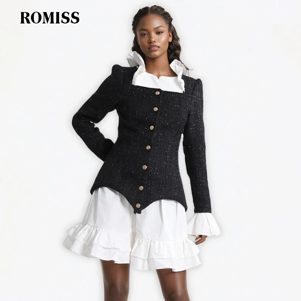 

ROMISS Hit Color Two Piece Sets For Women Square Collar Long Sleeve Spliced Botton Tops High Waist Folds Skirt Slim Set Female