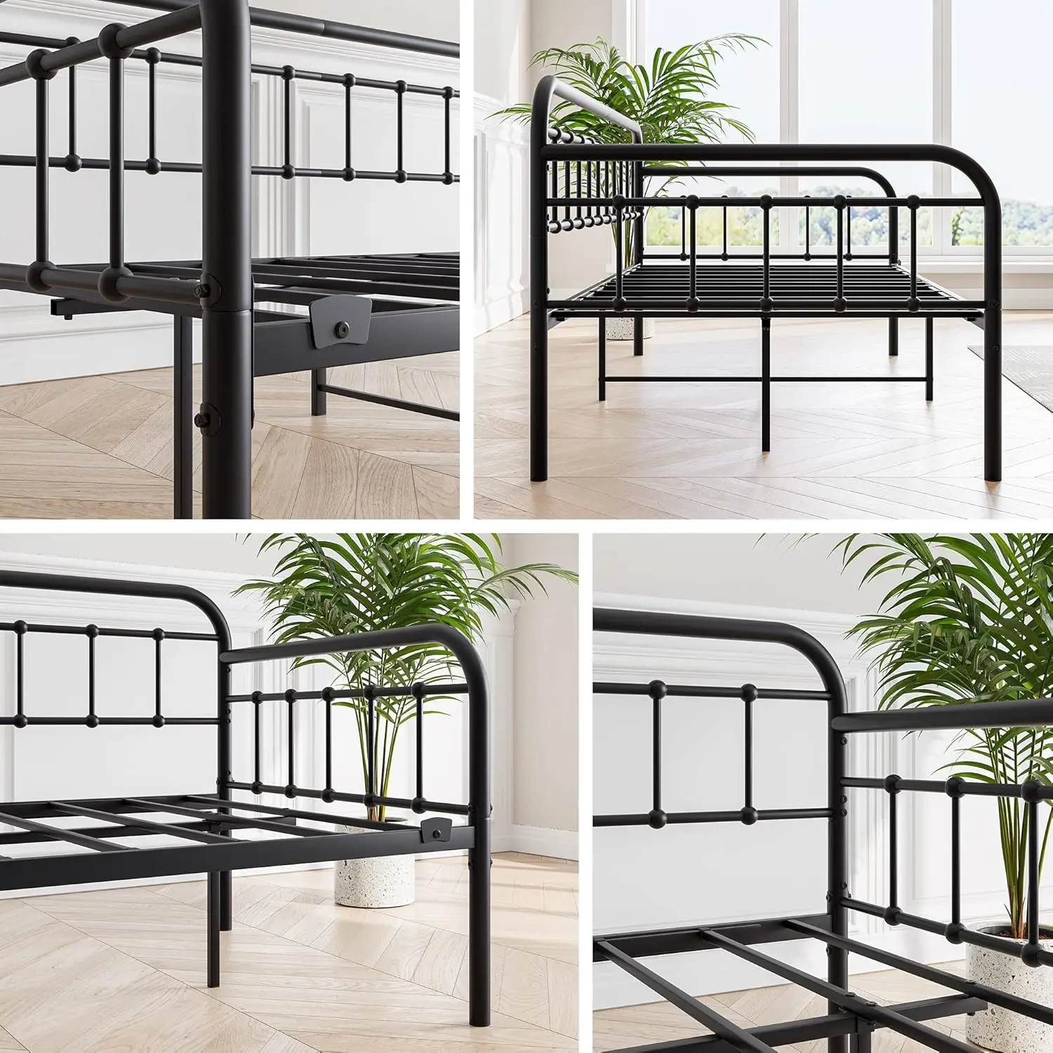 Metal Daybed Frame com aço plataforma slats, mobiliário tamanho duplo, preto